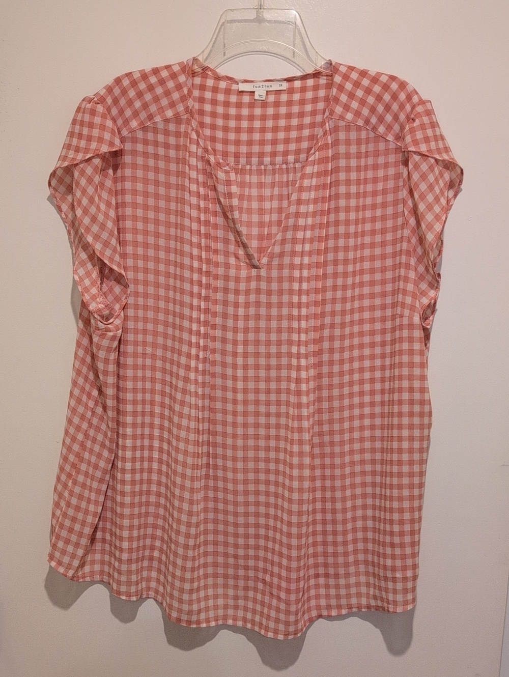 fun 2 fun Coral Gingham Split V Cap-Sleeve Blouse